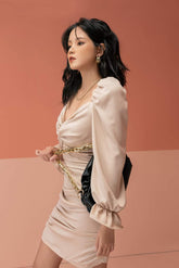 Silk Draped Mini Dress with Puff Long Sleeves and Sweetheart Neckline